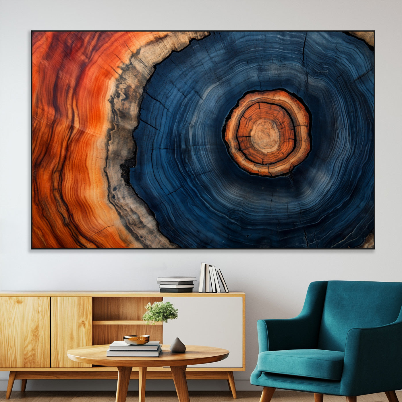 72209152-MGV-CV-36X24-Abstract Tree Ring Wall Art – Vibrant Blue Orange Wood Grain Canvas Print, Rustic Modern Nature Artwork for Living Room, Office,