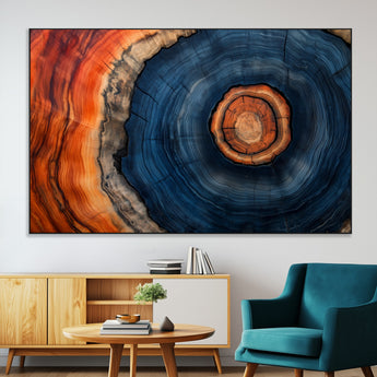 72209152-MGV-CV-36X24-Abstract Tree Ring Wall Art – Vibrant Blue Orange Wood Grain Canvas Print, Rustic Modern Nature Artwork for Living Room, Office,