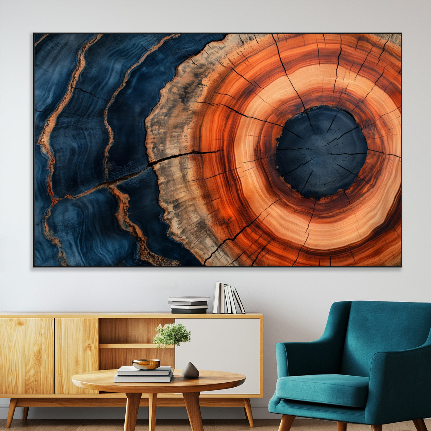 41123192-MGV-CV-36X24-Tree Ring Canvas Wall Art – Abstract Blue Orange Wood Grain Print, Rustic Modern Nature Artwork for Living Room, Bedroom, Office