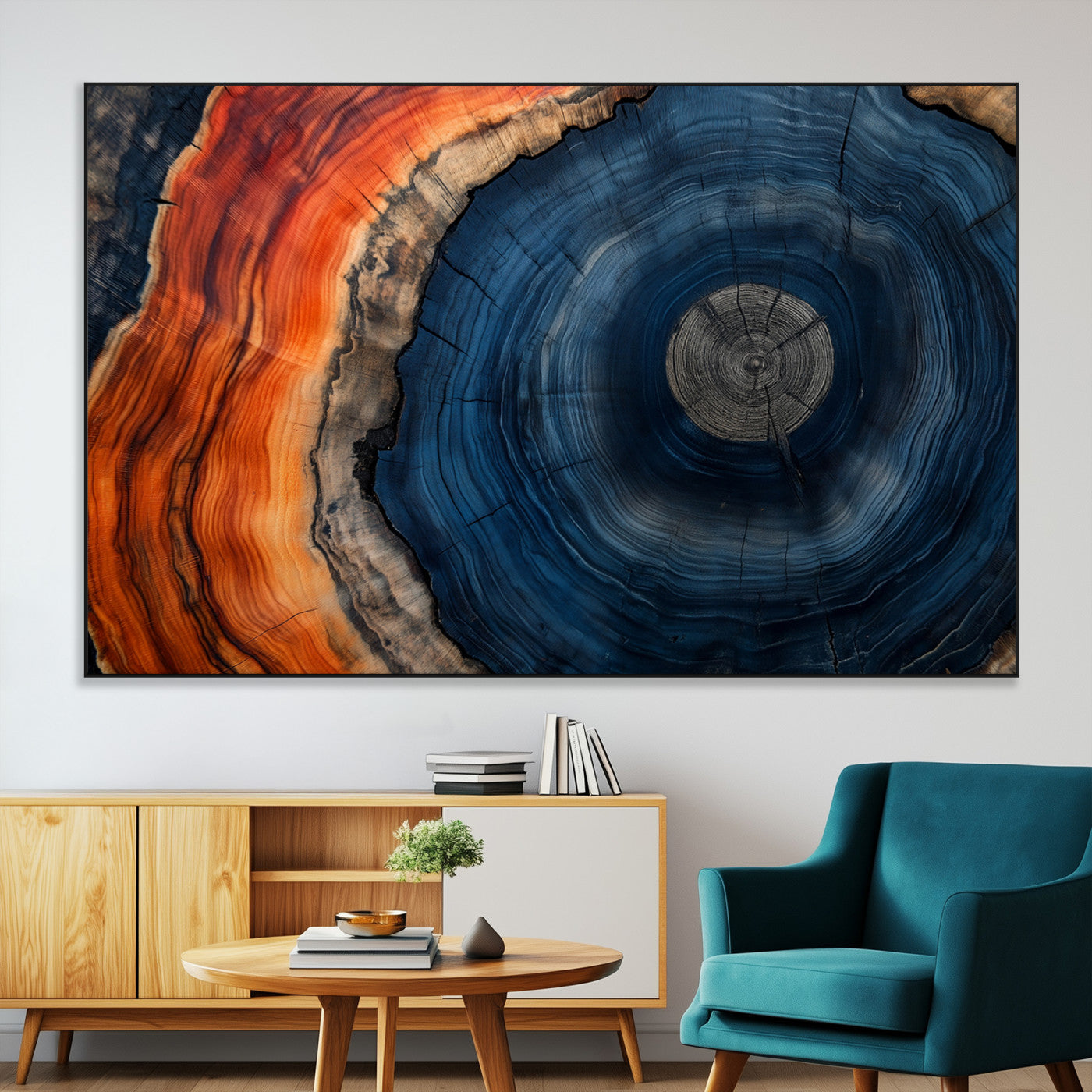 99491700-MGV-CV-36X24-Tree Ring Canvas Wall Art – Blue Orange Abstract Wood Grain Print, Rustic Modern Nature Artwork for Living Room, Office, Bedroom