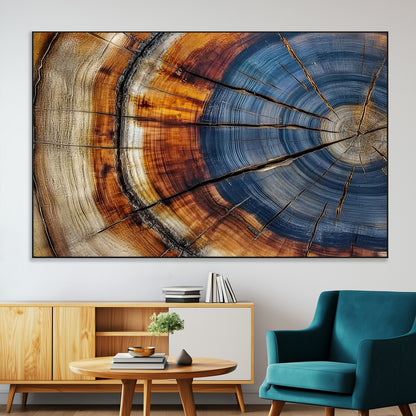 18032999-MGV-CV-36X24-Tree Ring Wall Art – Blue Brown Abstract Wood Slice Canvas Print, Rustic Modern Nature Decor for Living Room, Office, Bedroom or