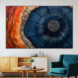 26110607-MGV-CV-36X24-Blue and Orange Tree Ring Wall Art – Abstract Wood Cross Section Canvas Print, Modern Rustic Nature Decor for Living Room, Office,