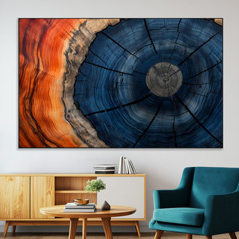 26110607-MGV-CV-36X24-Blue and Orange Tree Ring Wall Art – Abstract Wood Cross Section Canvas Print, Modern Rustic Nature Decor for Living Room, Office,