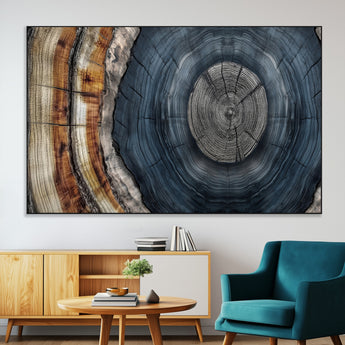 91368647-MGV-CV-36X24-Smoky Blue Tree Ring Wall Art – Rustic Wood Cross Section Canvas Print, Modern Nature Inspired Decor for Living Room, Office, or