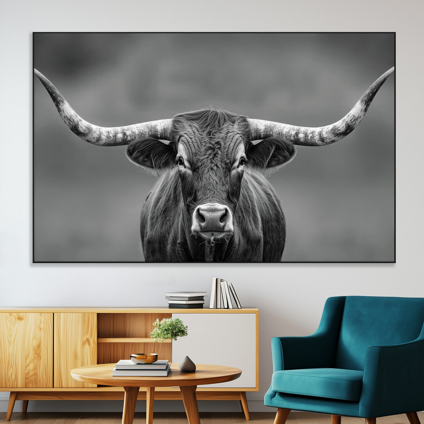 81228550-MGV-CV-36X24-Framed Texas Longhorn Bull Art Canvas Print, Western Bull Wall Art Print, Long Horn Bull Photo Print for Log Cabin, Large Bull