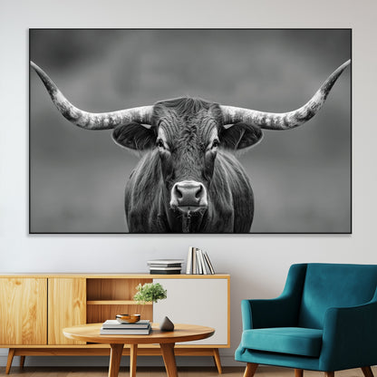 81228550-MGV-CV-36X24-Framed Texas Longhorn Bull Art Canvas Print, Western Bull Wall Art Print, Long Horn Bull Photo Print for Log Cabin, Large Bull