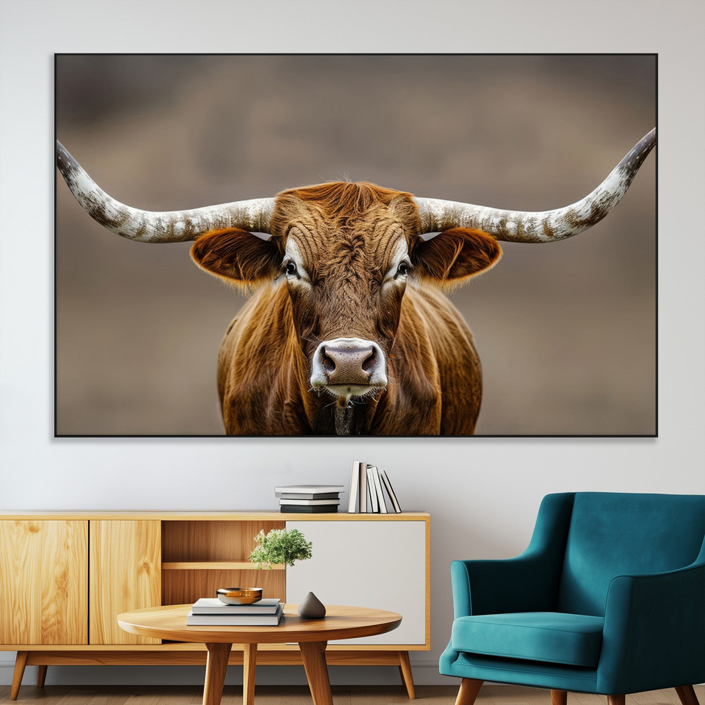 12179171-MGV-CV-36X24-Texas Longhorn Wall Art Canvas Print, Framed Brown Bull Art Picture Print, Lone Cattle Perfect Rustic Western Decor Artwork