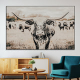 27497342-SEG-FC-51X34_Oversize-Texas Longhorn Wall Art Canvas Print, Framed Speckled Cow Art Picture Print, Horned Cattle Perfect Rustic Western Decor Artwork