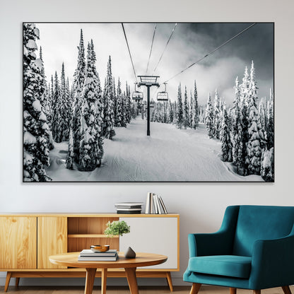 31156828-SEG-FC-51X34_Oversize-Snowy Pines Wall Art Canvas Print, Framed Ski Lift Art Picture Print, Winter Forest Perfect Moody Lodge Decor Artwork