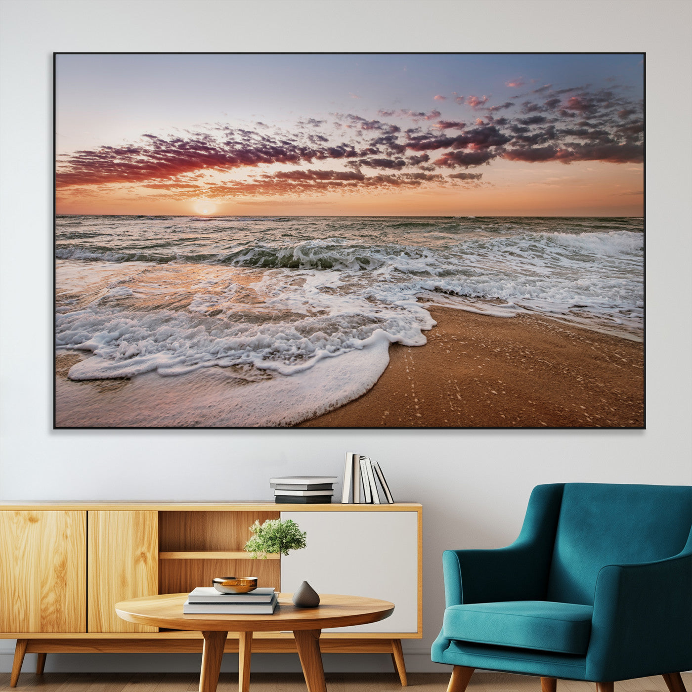 39846389-SEG-FC-51X34_Oversize-Ocean Sunset Wall Art Canvas Print, Framed Sandy Shore Art Picture Print, Gentle Waves Perfect Minimalist Coastal Decor Artwork