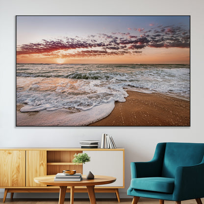 39846389-SEG-FC-51X34_Oversize-Ocean Sunset Wall Art Canvas Print, Framed Sandy Shore Art Picture Print, Gentle Waves Perfect Minimalist Coastal Decor Artwork