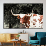 54027638-MGV-CV-36X24-Texas Longhorn Wall Art Canvas Print, Framed Spotted Cow Art Picture Print, Horned Bull Perfect Rustic Western Decor Artwork