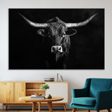 42077175-MGV-CV-36X24-Texas Longhorn Wall Art Canvas Print, Framed Monochrome Bull Art Picture Print, Horned Bull Perfect Rustic Western Decor Artwork