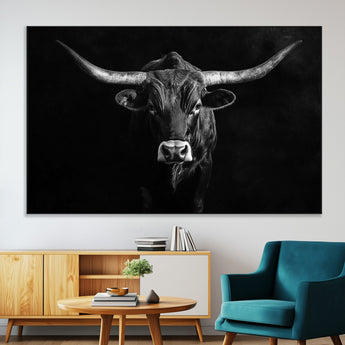 42077175-MGV-CV-36X24-Texas Longhorn Wall Art Canvas Print, Framed Monochrome Bull Art Picture Print, Horned Bull Perfect Rustic Western Decor Artwork