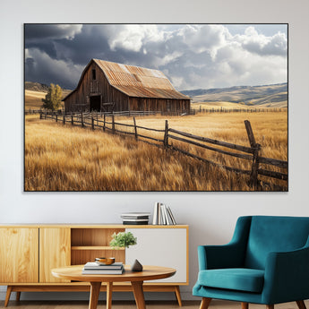 38758826-MGV-CV-36X24-Rustic Barn Wall Art Canvas Print, Framed Moody Barn Art Picture Print, Golden Field Perfect Rustic Farmhouse Decor Artwork