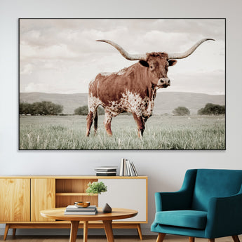 28309012-MGV-CV-36X24-Texas Longhorn Wall Art Canvas Print, Framed Spotted Cattle Art Picture Print, Horned Bull Perfect Rustic Western Decor Artwork
