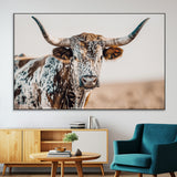 70414966-MGV-CV-36X24-Texas Longhorn Wall Art Canvas Print, Framed Speckled Cow Art Picture Print, Horned Bull Perfect Rustic Western Decor Artwork