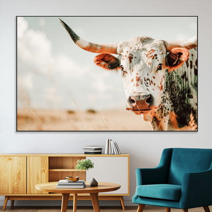 72766375-MGV-CV-36X24-Texas Longhorn Wall Art Canvas Print, Framed Spotted Cow Art Picture Print, Horned Cattle Perfect Rustic Western Decor Artwork