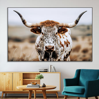 76294381-MGV-CV-36X24-Texas Longhorn Wall Art Canvas Print, Framed Spotted Cow Art Picture Print, Horned Cattle Perfect Rustic Western Decor Artwork