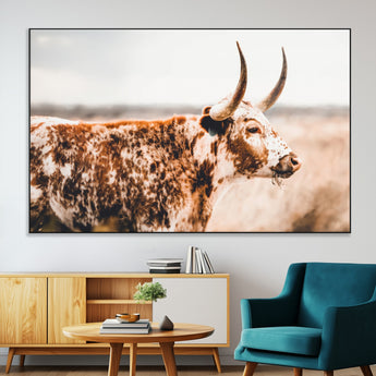 11528295-MGV-CV-36X24-Speckled Longhorn Wall Art Canvas Print, Framed Texas Cattle Art Picture Print, Horned Cow Perfect Rustic Western Decor Artwork