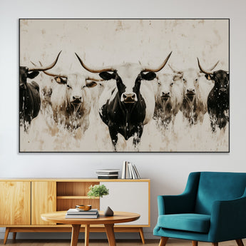 12027562-SEG-FC-51X34_Oversize-Longhorn Cattle Wall Art Canvas Print, Framed Bison Herd Art Picture Print, Cattle Group Perfect Rustic Farmhouse Decor Artwork