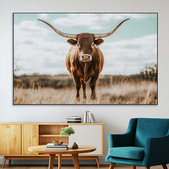 39350715-MGV-CV-36X24-Texas Longhorn Wall Art Canvas Print, Framed Longhorn Cow Art Picture Print, Western Cattle Perfect Rustic Western Decor Artwork