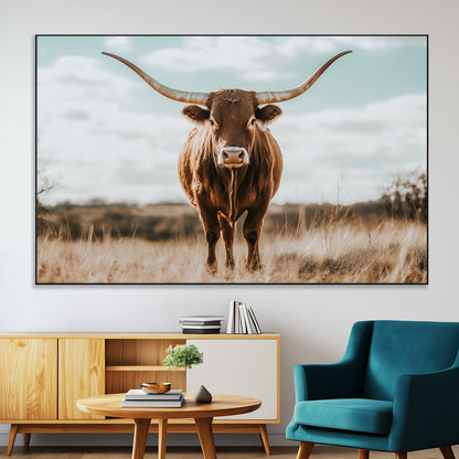 39350715-MGV-CV-36X24-Texas Longhorn Wall Art Canvas Print, Framed Longhorn Cow Art Picture Print, Western Cattle Perfect Rustic Western Decor Artwork