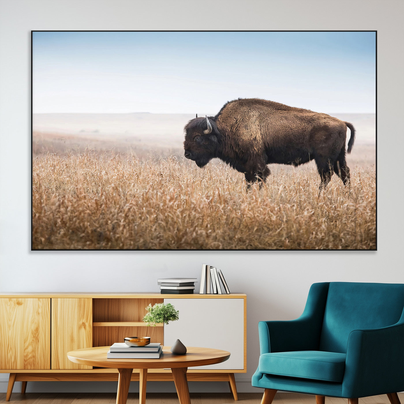 91267849-MGV-CV-36X24-Wild Bison Wall Art Canvas Print, Framed Bison in Prairie Art Picture Print, Rustic Western Perfect Rustic Western Decor Artwork
