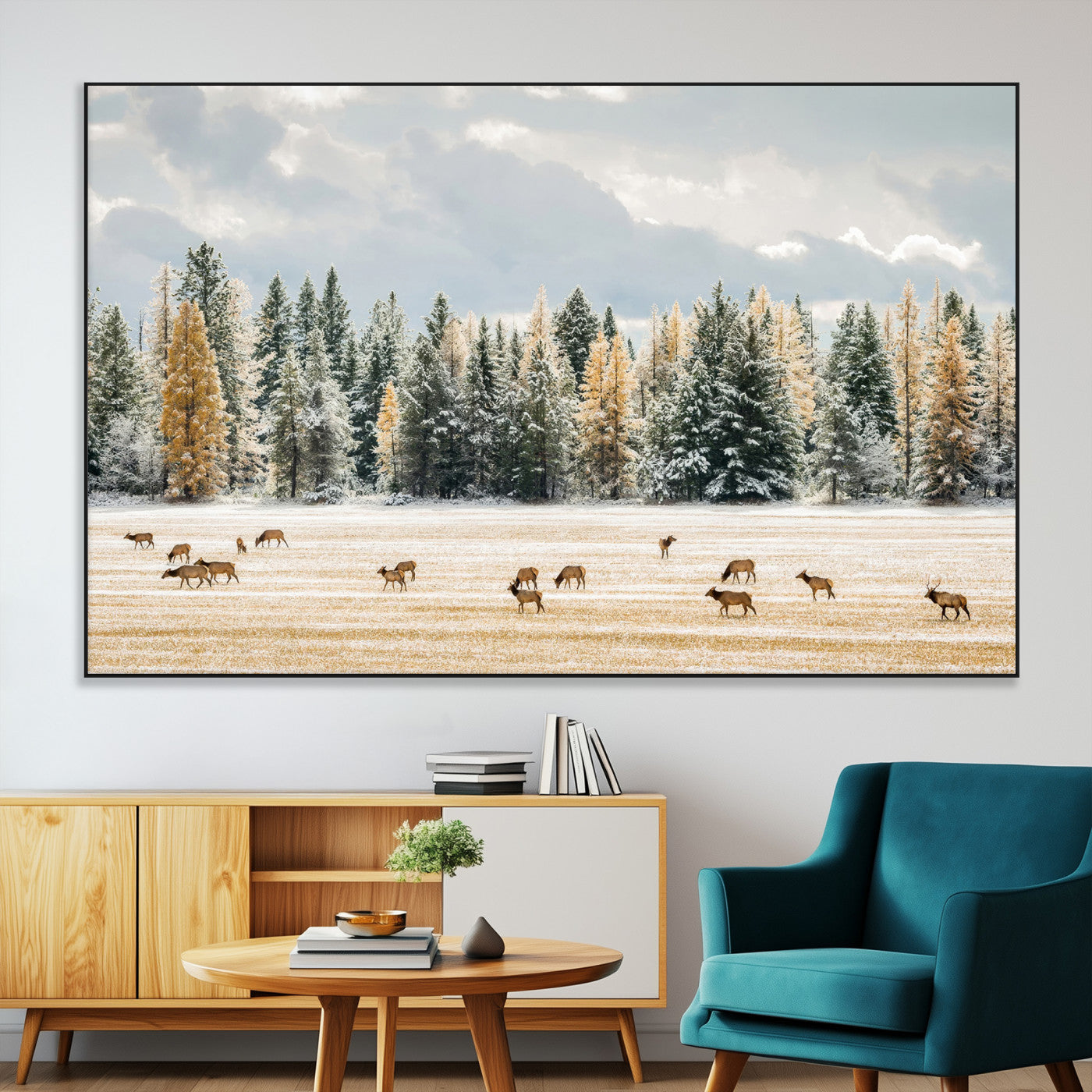 64188182-MGV-CV-36X24-Elk Herd Wall Art Canvas Print, Framed Snowy Forest Art Picture Print, Forest Elks Perfect Neutral Rustic Decor Artwork