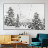 55003599-MGV-CV-36X24-Snowy Ski Lift Wall Art Canvas Print, Framed Winter Forest Art Picture Print, Ski lift Ride Perfect Winter Lodge Decor Artwork