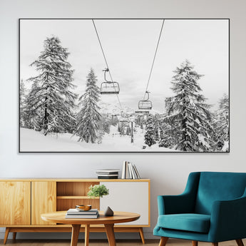 55003599-MGV-CV-36X24-Snowy Ski Lift Wall Art Canvas Print, Framed Winter Forest Art Picture Print, Ski lift Ride Perfect Winter Lodge Decor Artwork