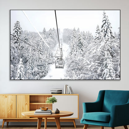 60296839-MGV-CV-36X24-Snowy Mountains Wall Art Canvas Print, Framed Ski Lift Art Picture Print, Winter Forest Perfect Winter Minimalist Decor Artwork