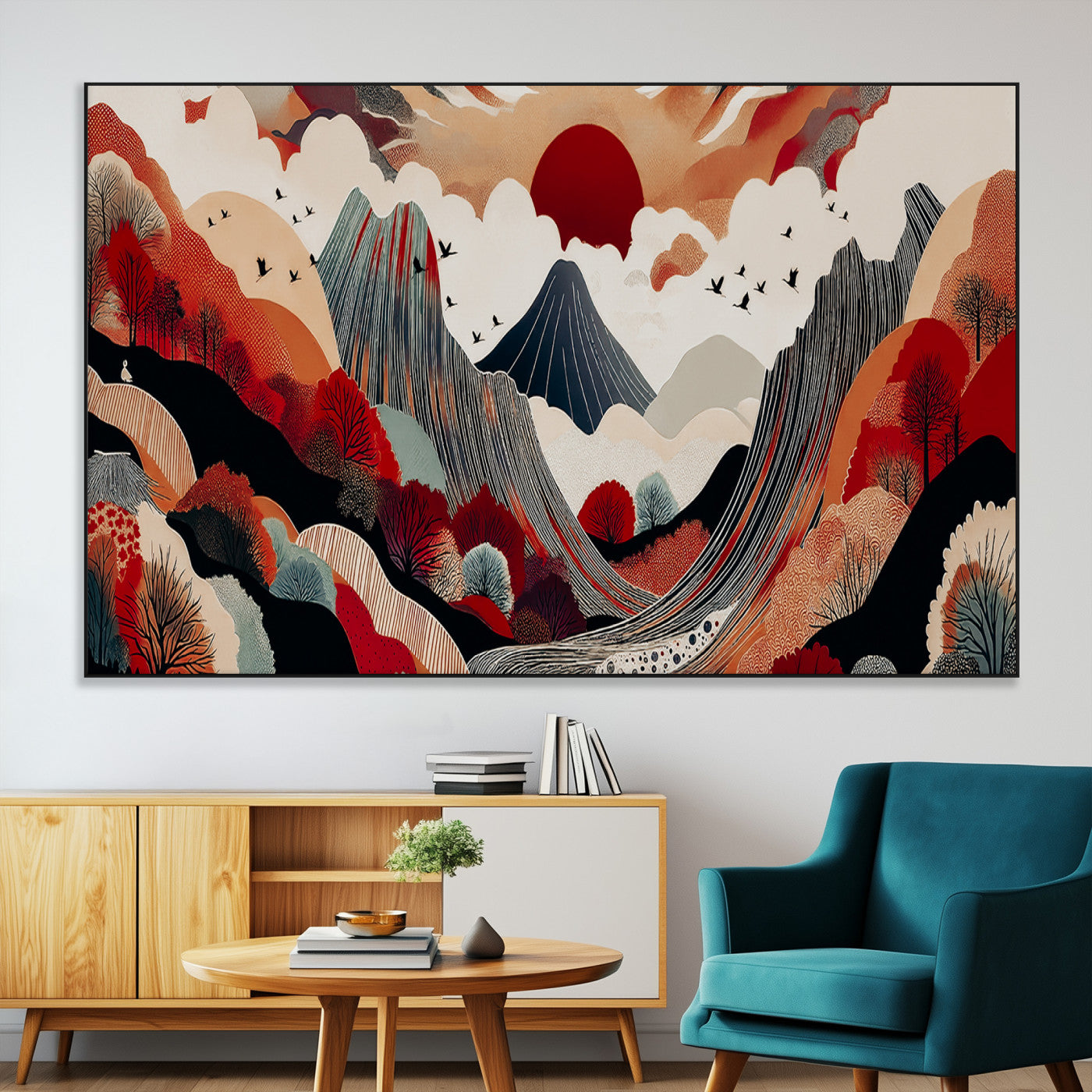 59495752-MGV-CV-36X24-Abstract Mountain Wall Art Canvas Print, Framed Vibrant Landscape Art Picture Print, Nature Drawing Perfect Contemporary