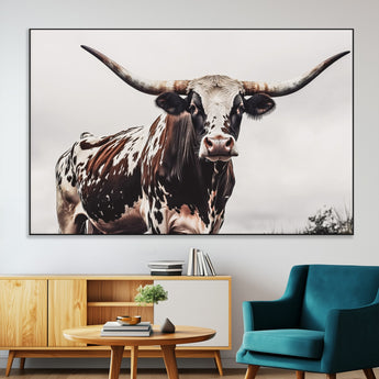 95249234-MGV-CV-36X24-Texas Longhorn Wall Art Canvas Print, Framed Spotted Bull Art Picture Print, Horned Cattle Perfect Rustic Farmhouse Decor Artwork