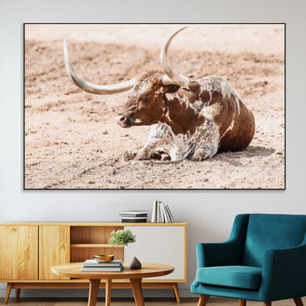 91248682-MGV-CV-36X24-Texas Longhorn Wall Art Canvas Print, Framed Resting Bull Art Picture Print, Spotted Cattle Perfect Rustic Western Decor Artwork