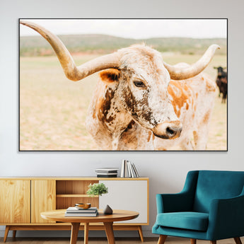 21060648-MGV-CV-36X24-Texas Longhorn Wall Art Canvas Print, Framed Speckled Cow Art Picture Print, Rustic Bull Perfect Rustic Western Decor Artwork
