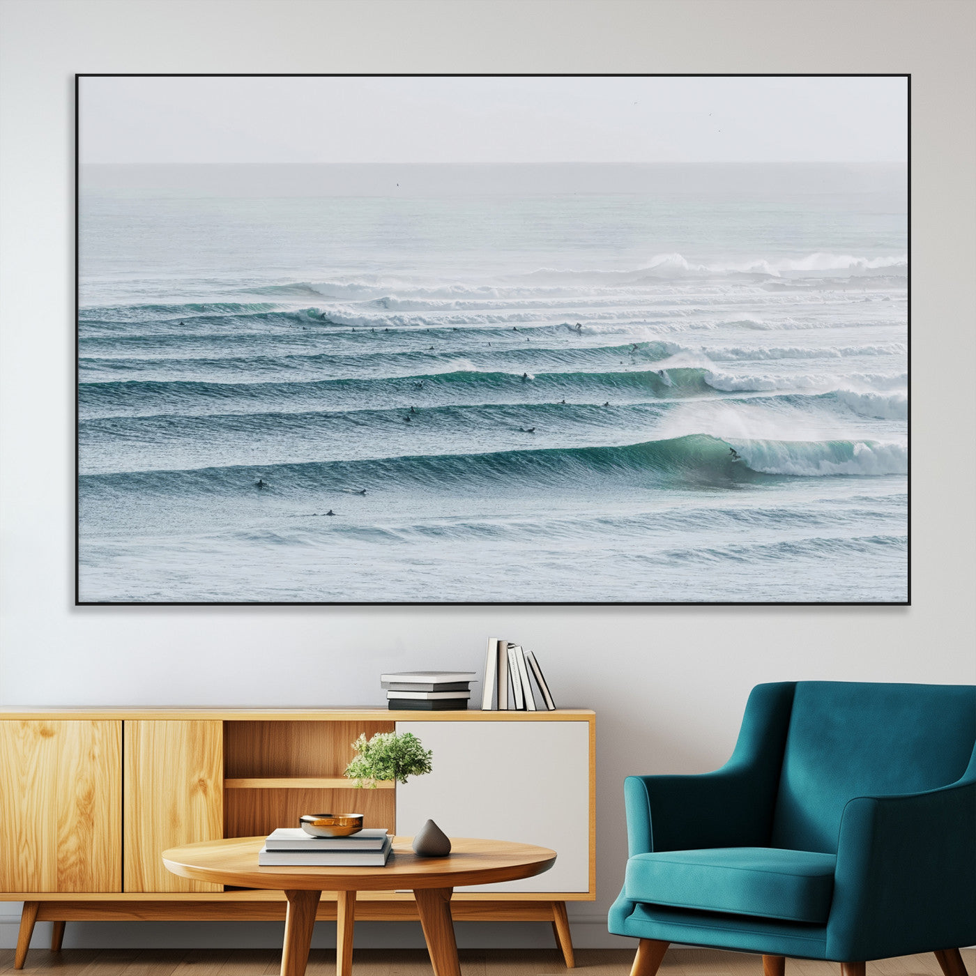 73969318-MGV-CV-36X24-Ocean Waves Wall Art Canvas Print, Framed Surfer Lineup Art Picture Print, Crowded Ocean Perfect Minimal Coastal Decor Artwork