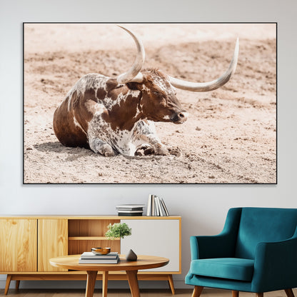 25407592-SEG-FC-51X34_Oversize-Texas Longhorn Wall Art Canvas Print, Framed Resting Bull Art Picture Print, Spotted Cattle Perfect Rustic Western Decor Artwork