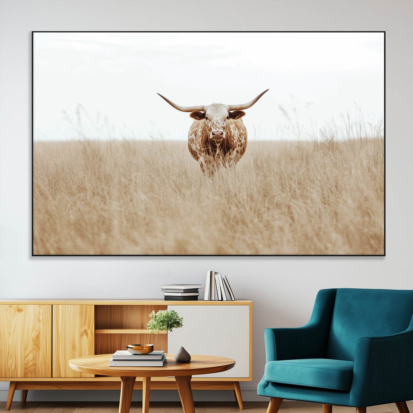 20927060-MGV-CV-36X24-Texas Longhorn Wall Art Canvas Print, Framed Lone Cattle Art Picture Print, Longhorn Bull Perfect Rustic Western Decor Artwork