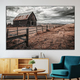 73898372-SEG-FC-51X34_Oversize-Rustic Barn Wall Art Canvas Print, Framed Moody Field Art Picture Print, Weathered Fence Perfect Moody Farmhouse Decor Artwork