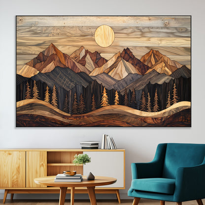 50100230-MGV-CV-36X24-Wooden Mountain Wall Art – Rustic Nature Landscape Canvas Print, Handmade Style Sun, Forest, and Peaks Artwork for Living Room,