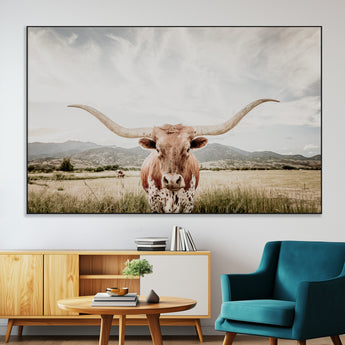 80054319-MGV-CV-36X24-Longhorn Wall Art – Rustic Western Canvas Print, Majestic Bull Artwork for Farmhouse, Ranch or Living Room
