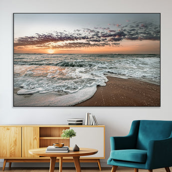 40632752-MGV-CV-36X24-Ocean Sunset Wall Art Canvas Print, Framed Beach Waves Art Picture Print, Coastal Scene Perfect Coastal Decor Artwork
