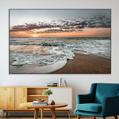 40632752-MGV-CV-36X24-Ocean Sunset Wall Art Canvas Print, Framed Beach Waves Art Picture Print, Coastal Scene Perfect Coastal Decor Artwork