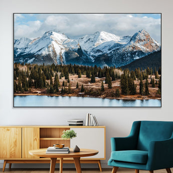 36247746-SEG-FC-51X34_Oversize-Snowy Peaks Wall Art Canvas Print, Framed Alpine Lake Art Picture Print, Pine Forest Perfect Alpine Wilderness Decor Artwork