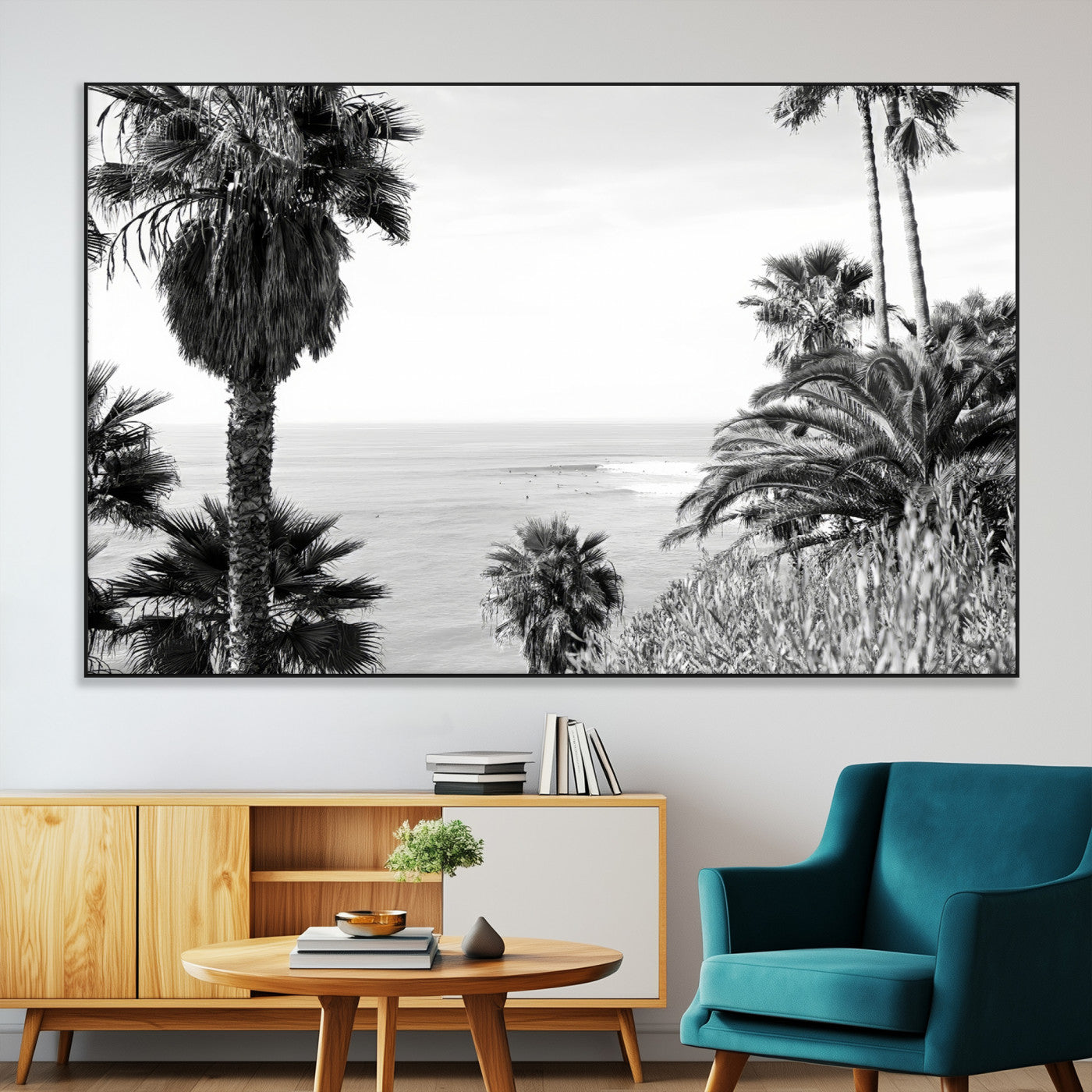 89458520-SEG-FC-51X34_Oversize-Palm Trees Wall Art Canvas Print, Framed Coastal View Art Picture Print, Ocean Horizon Perfect Monochrome Coast Decor Artwork