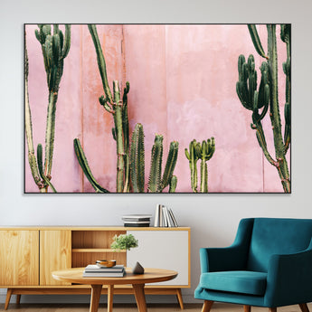 93119502-MGV-CV-36X24-Tall Cactus Wall Art Canvas Print, Framed Pink Wall Art Picture Print, Cactus Lines Perfect Modern Desert Decor Artwork