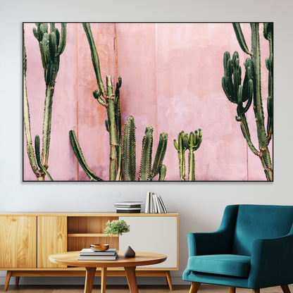 93119502-MGV-CV-36X24-Tall Cactus Wall Art Canvas Print, Framed Pink Wall Art Picture Print, Cactus Lines Perfect Modern Desert Decor Artwork