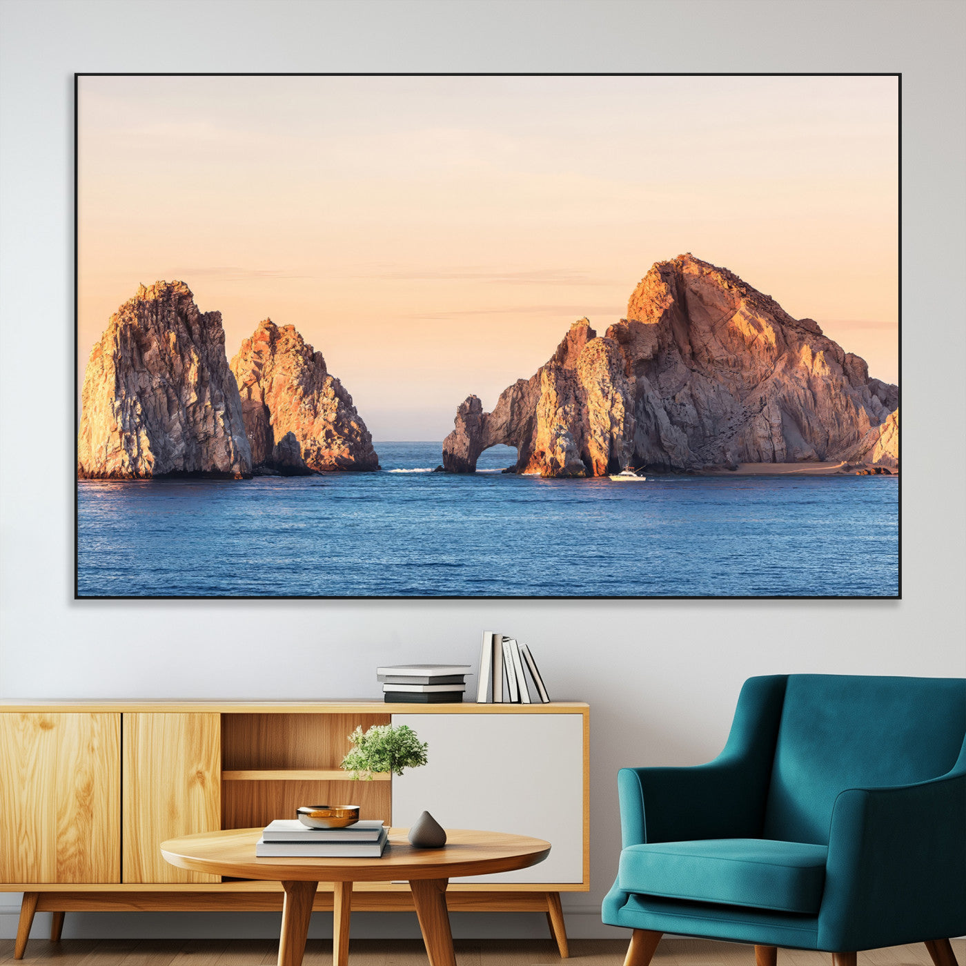 72996116-MGV-CV-36X24-El Arco Wall Art Canvas Print, Framed Cabo Rocks Art Picture Print, Ocean Arch Perfect Golden Coastal Landmark Decor Artwork