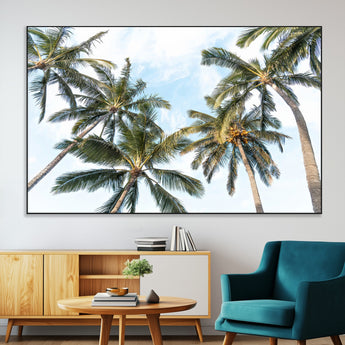 87247012-SEG-FC-51X34_Oversize-Skyward Palm Trees Wall Art Canvas Print, Framed Tropical Sky Art Picture Print, Coconut Palm Perfect Tropical Skyview Decor